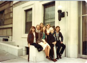 The Galbraiths with Babcia outside Babcia's apartment on Riverside Drive sometime in the early 1980s, Mama in her beret.