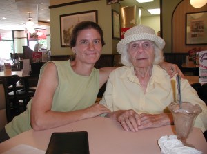 In more recently years, Mama switched from berets to brimmed hats. Here we are at Friendlies in 2007. She loves ice cream, especially chocolate.