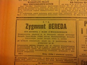 Zygmunt Bereda death notice, Życie Warszawy 14 October, 1945