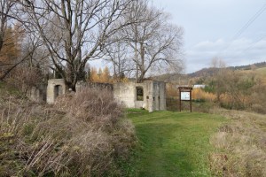 Synagogue ruins and information sign, Lutowiska