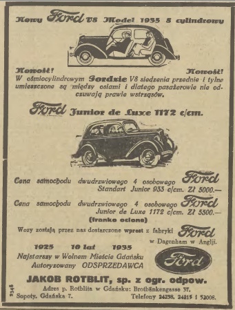 Ad for Jakob Rotblit, Ford Dealer in Gdansk, Sopot, and Gdynia, Gazeta Gdanska 1935