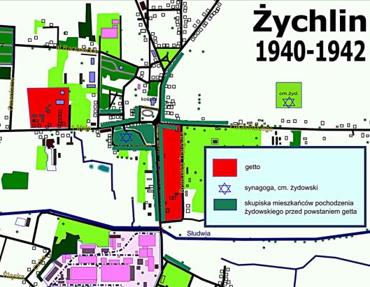 Map of Żychlin 1940-42 showing the ghettos in red, the first one is on the left and the second is on the right. The dark green shows the main areas where Jews lived--note that most were not in what became the ghetto. That meant gentiles had to move out of those areas when the Jews were forced to move in.